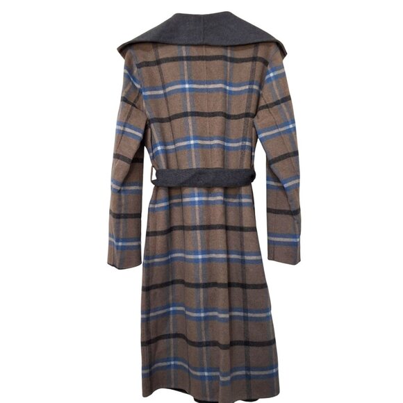 Elie Tahari Wallace Plaid Full-Length Wrap Coat Womens L Cathedral Blue Preppy - Picture 3 of 7